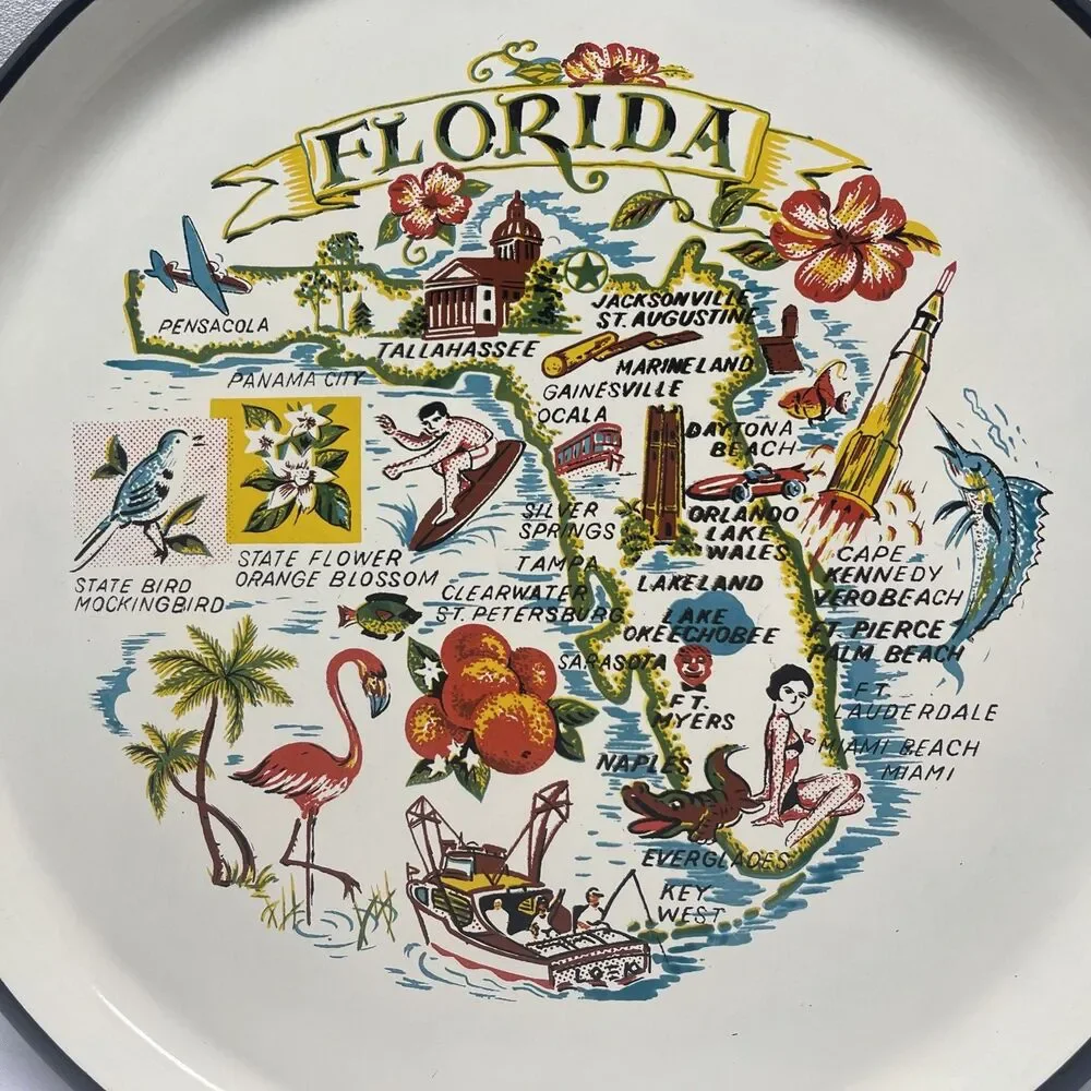 Large Hard Plastic Souvenir Florida Tray Map State Tourist 13